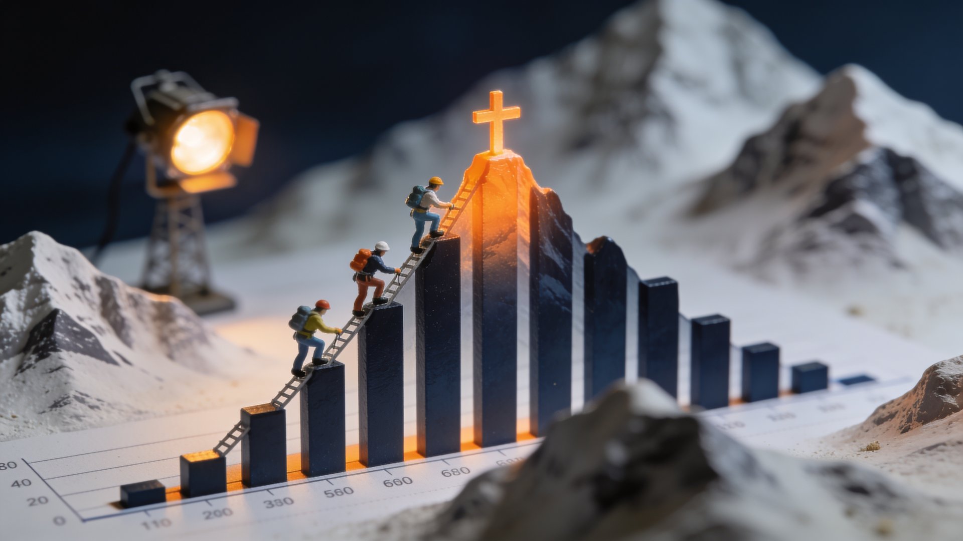 Miniaturfiguren erklimmen ein leuchtendes Ranking-Diagramm als Metapher für SEO in Halver | PeakWeb Webdesign Sauerland