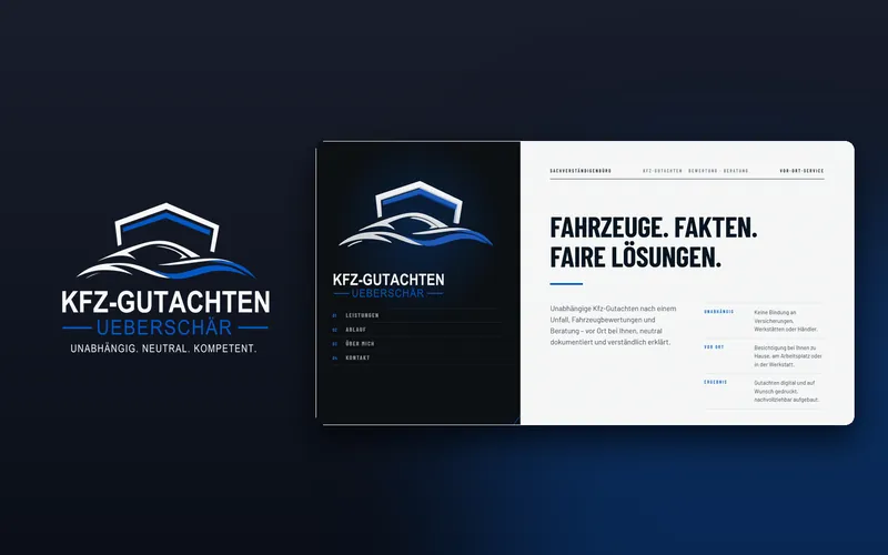 KFZ-Gutachten Ueberschär – One-Pager mit 3D-Logo, scroll-reaktiver Seitenspalte und Zertifikaten